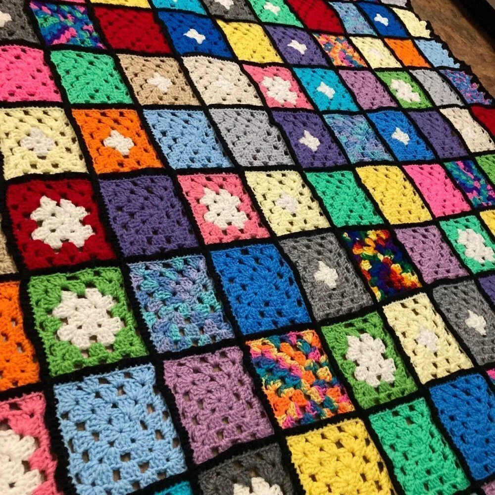 Granny Square Crocheted Blanket Bright Black trim 68 x‎ 108